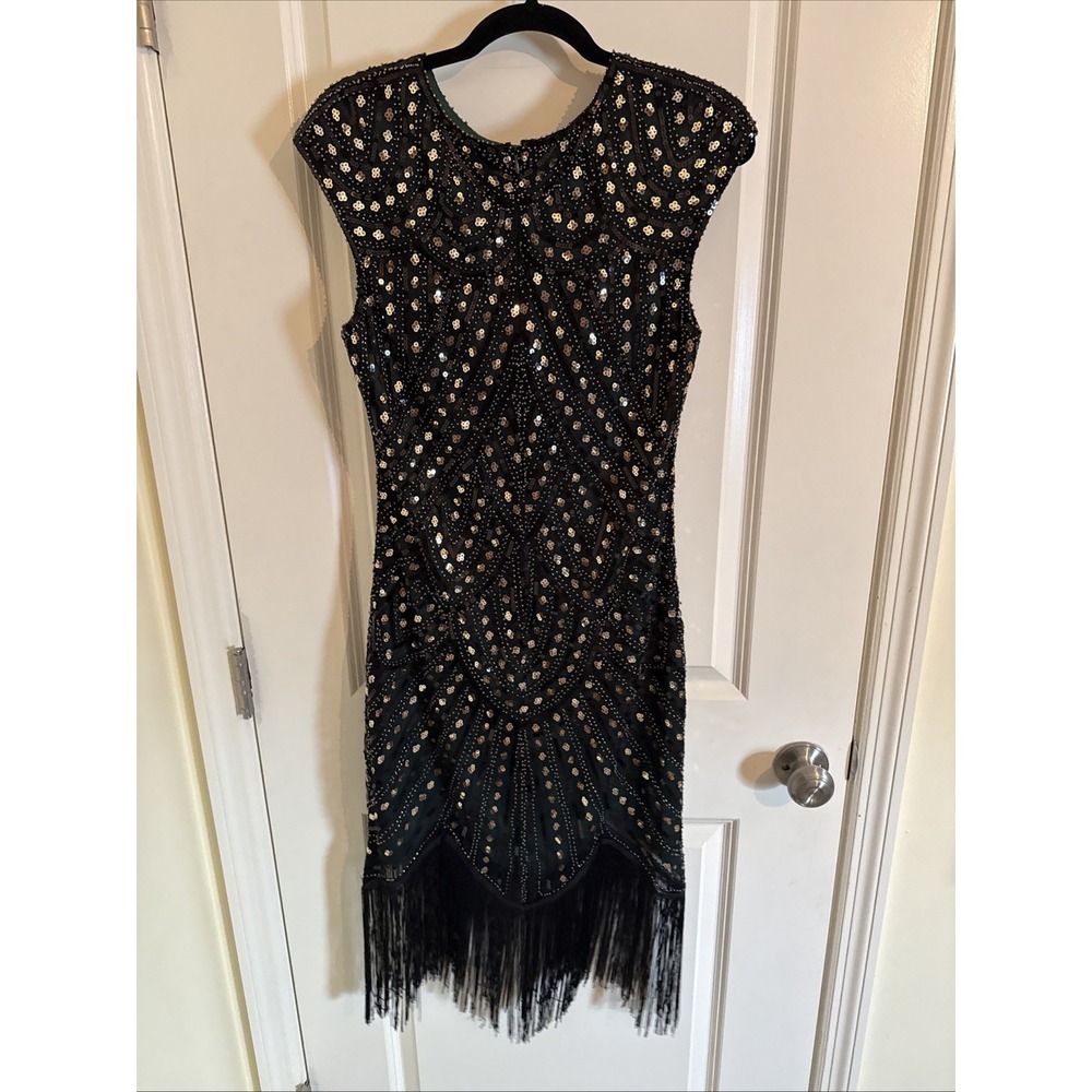 Fundaisy Black And Green Sequined 1920s Style Flapper Dress With Fringe Hem Med - Picture 3 of 5